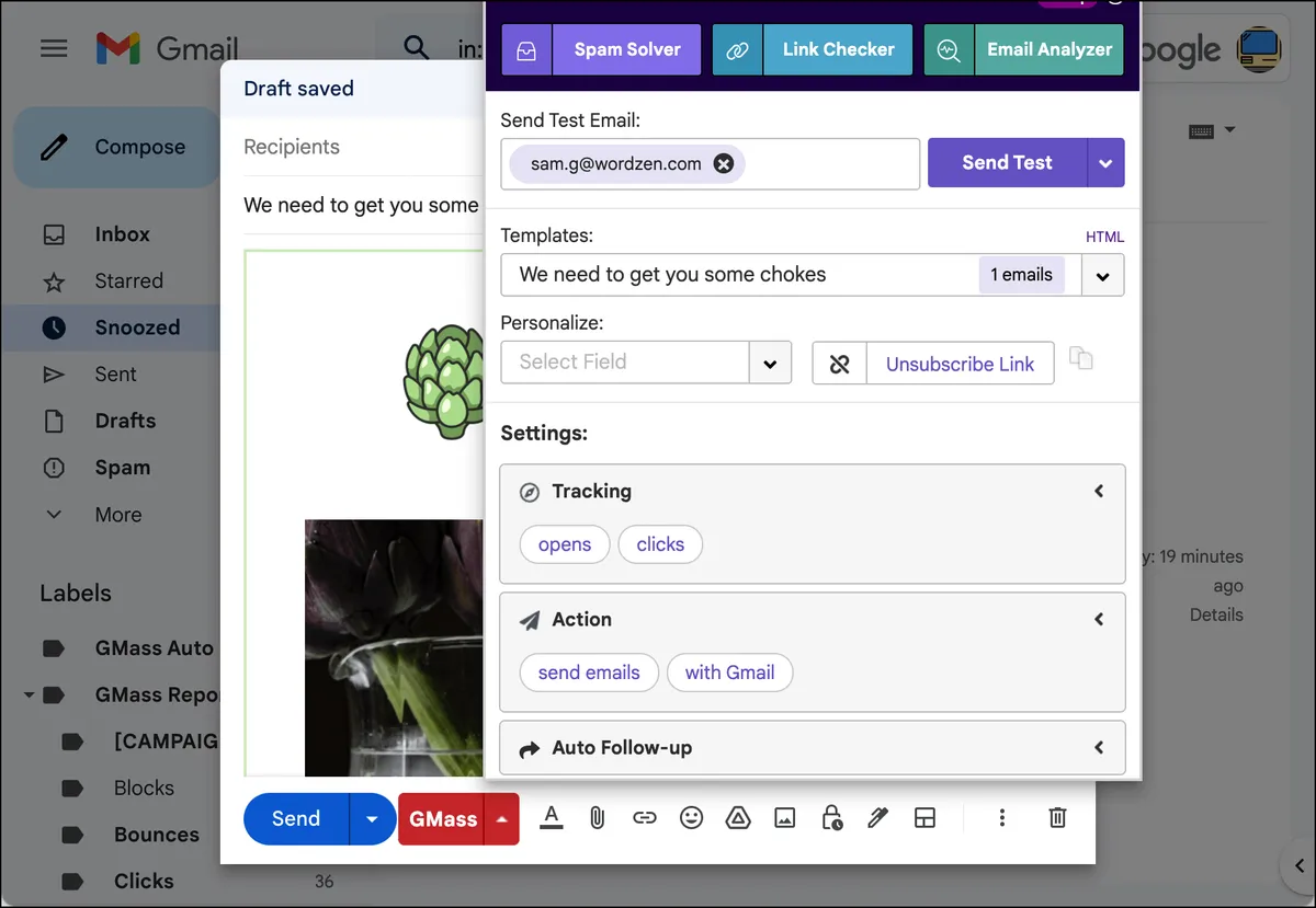 GMass inserts your template into the compose window