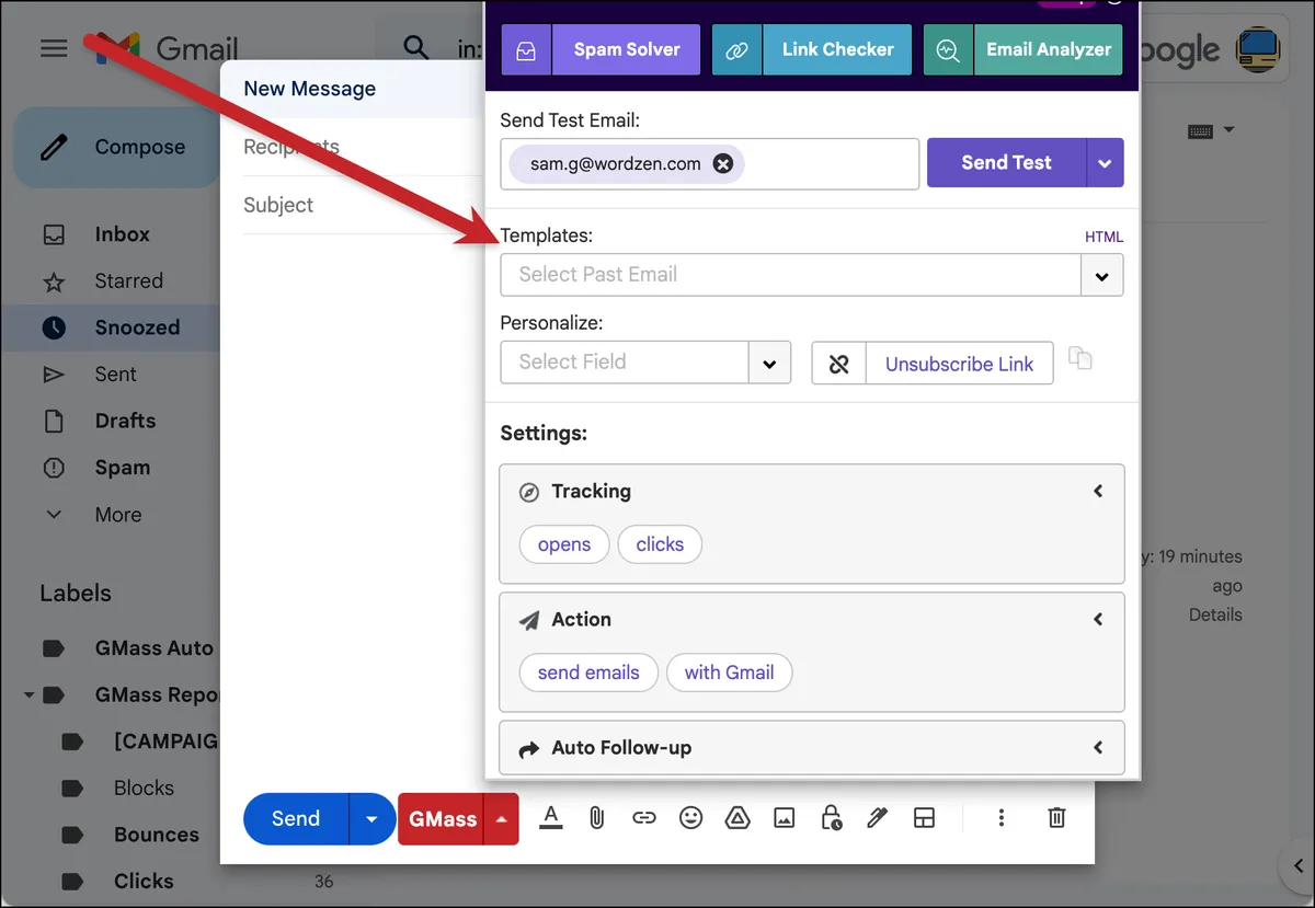 The GMass templates dropdown