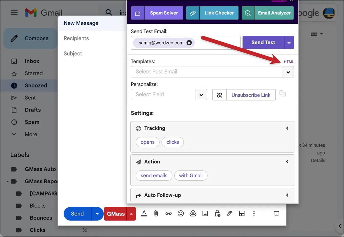 The HTML editing link in the GMass settings