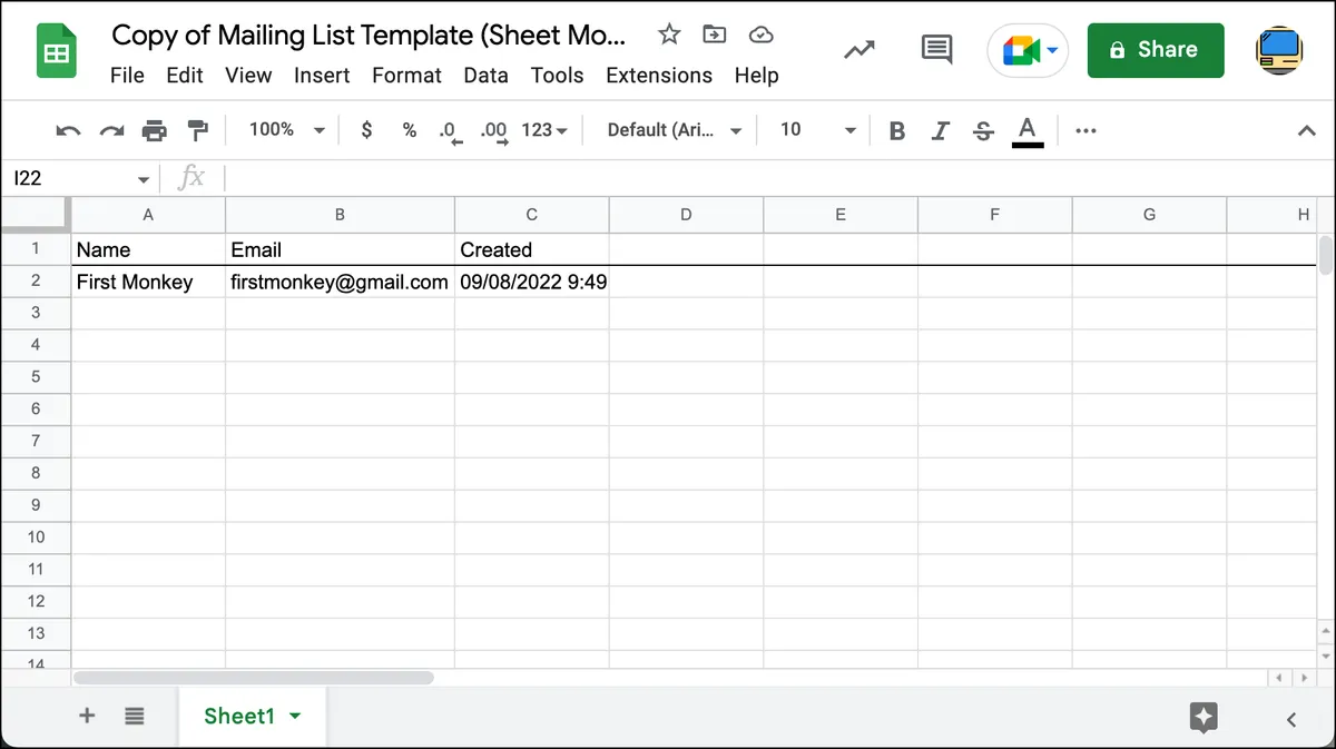 Data in the Google Sheet