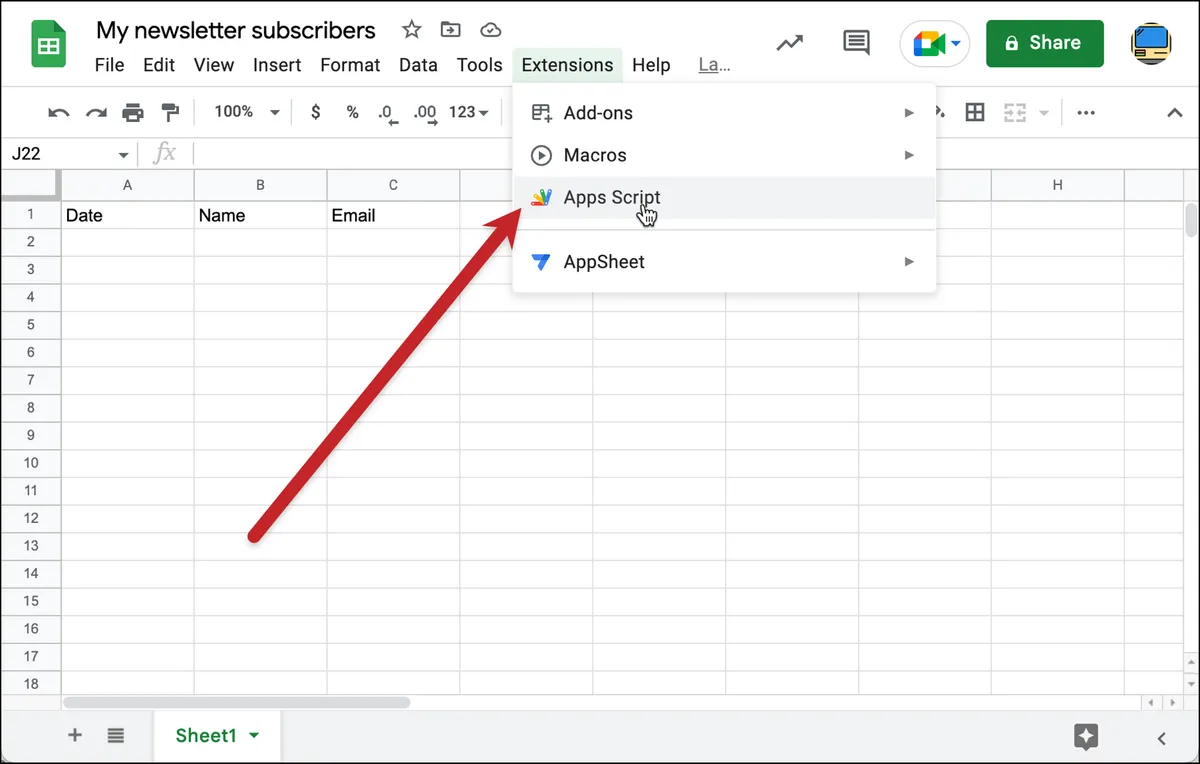 Apps Script in the Google Sheets menu