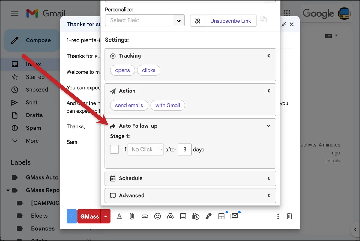 Auto follow ups section