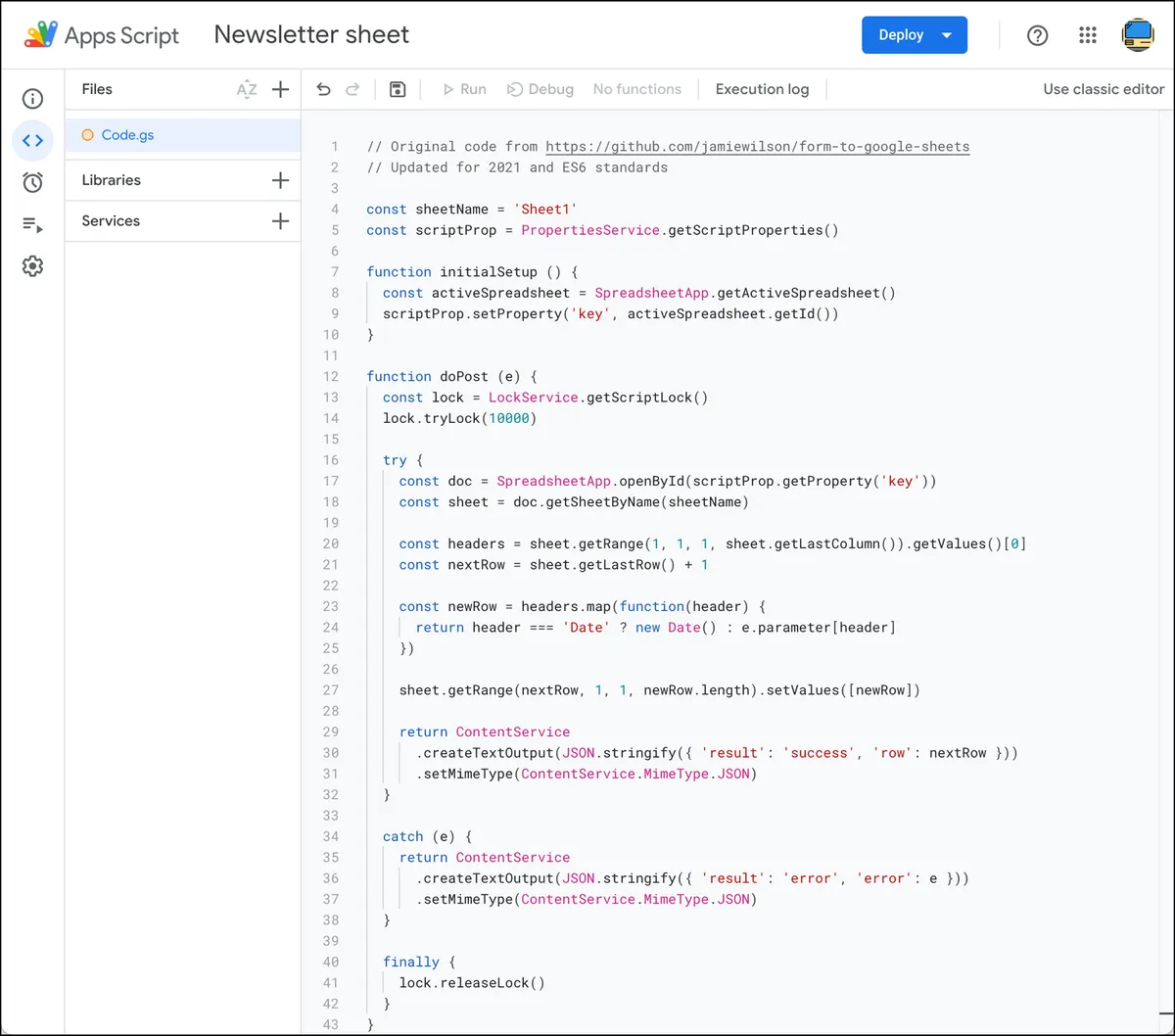 Code in the Google Apps Script editor