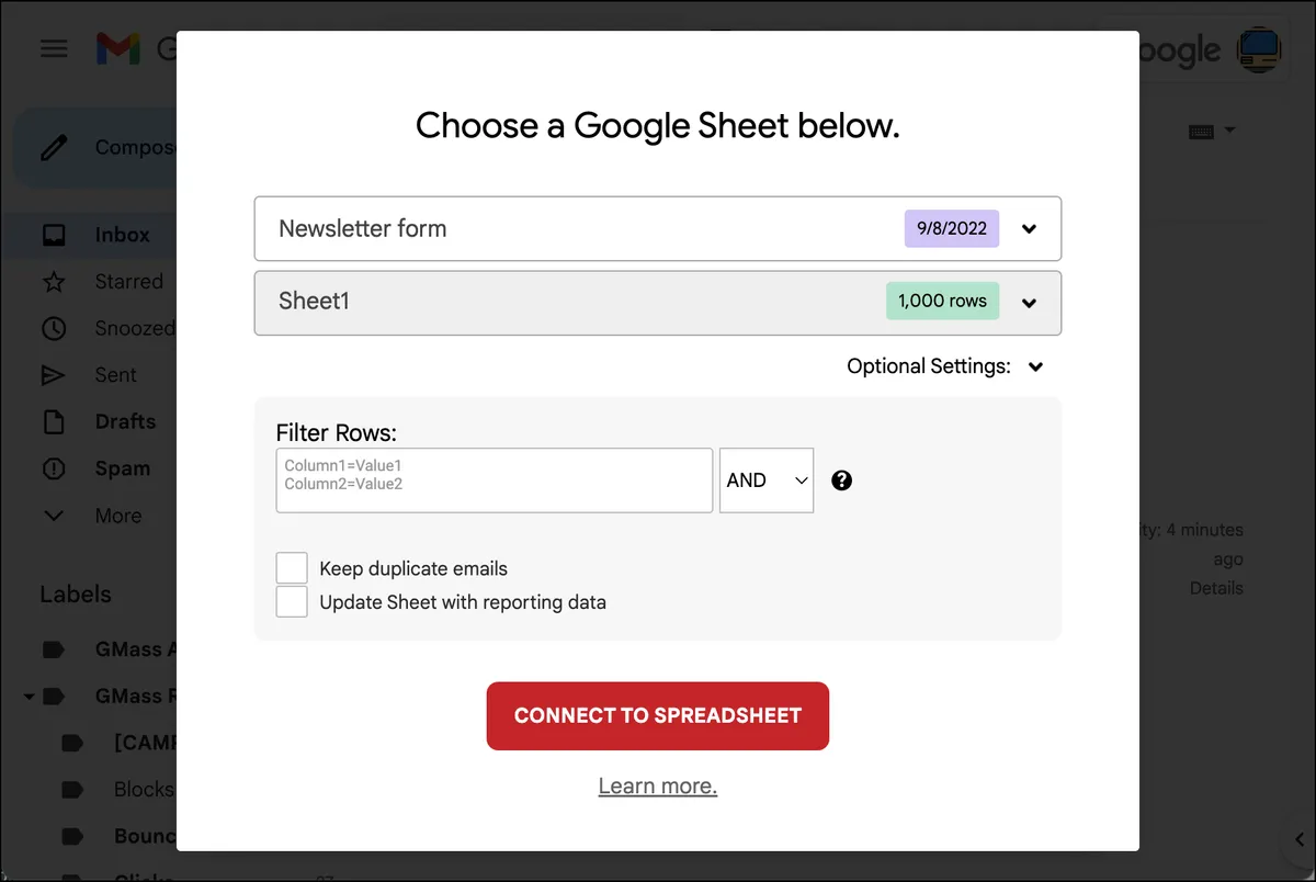 Connect to spreadsheet options in GMass