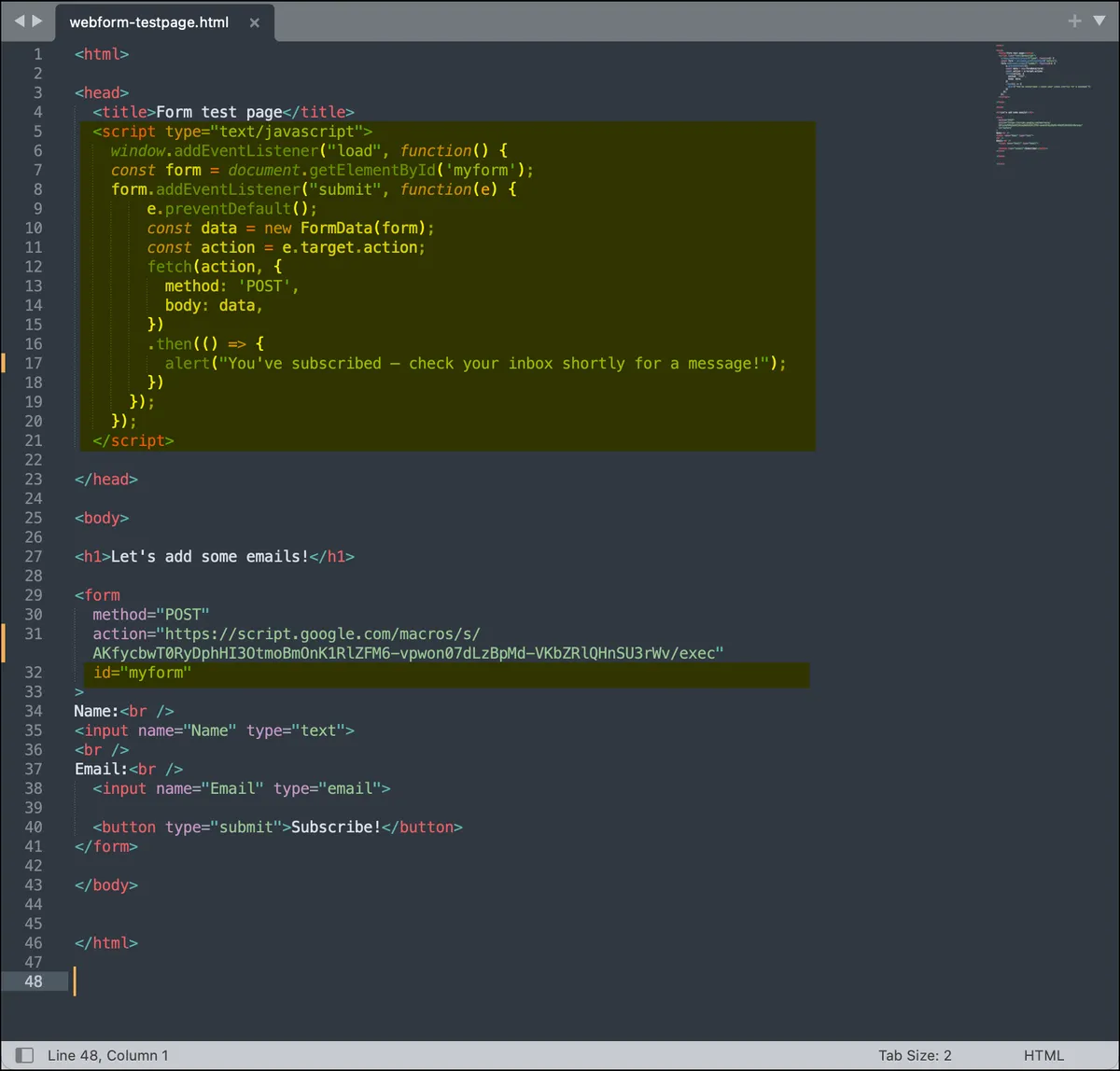 The new HTML with pop-up alert