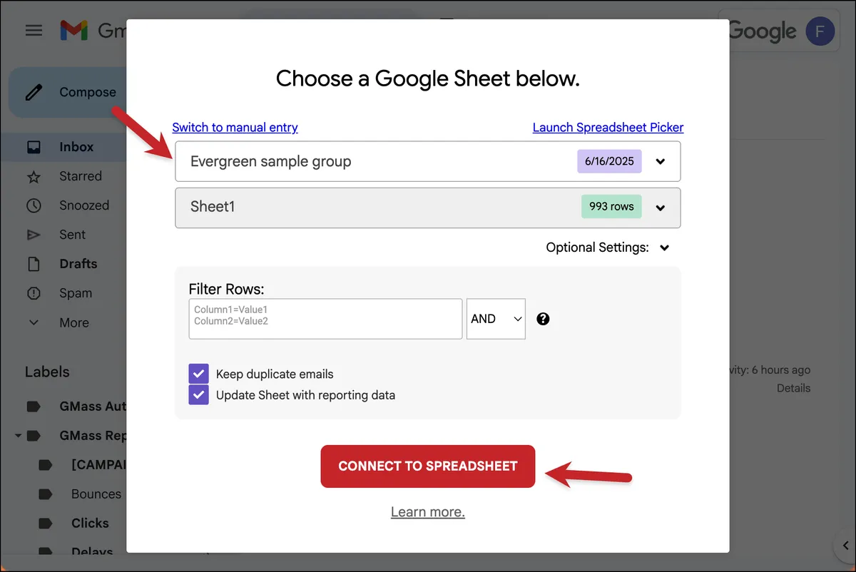 Choose your Google Sheet from the dropdown