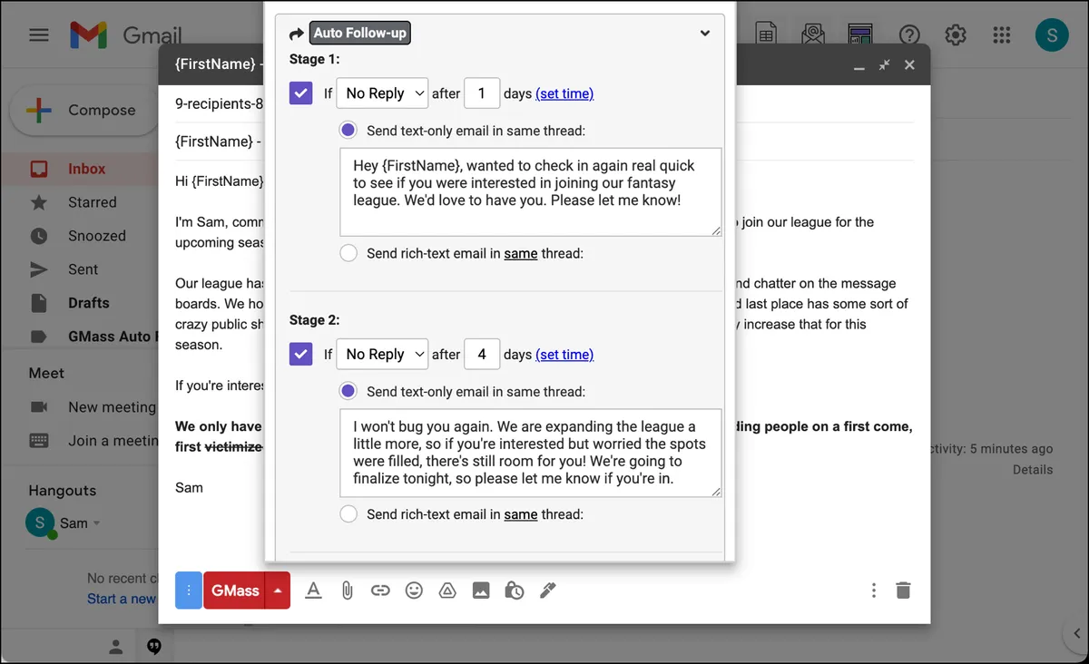 Auto follow-ups to prospective new members