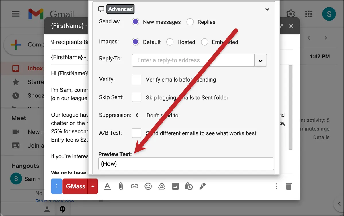 Setting preview text for the email