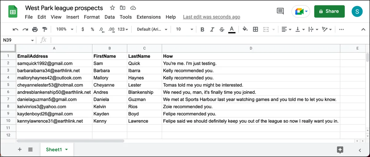 A spreadsheet of potential new league members