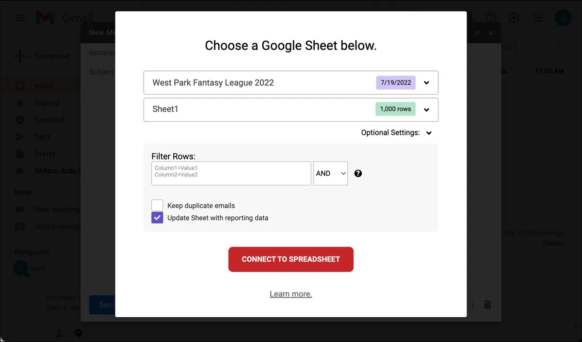 Google Sheet connection settings
