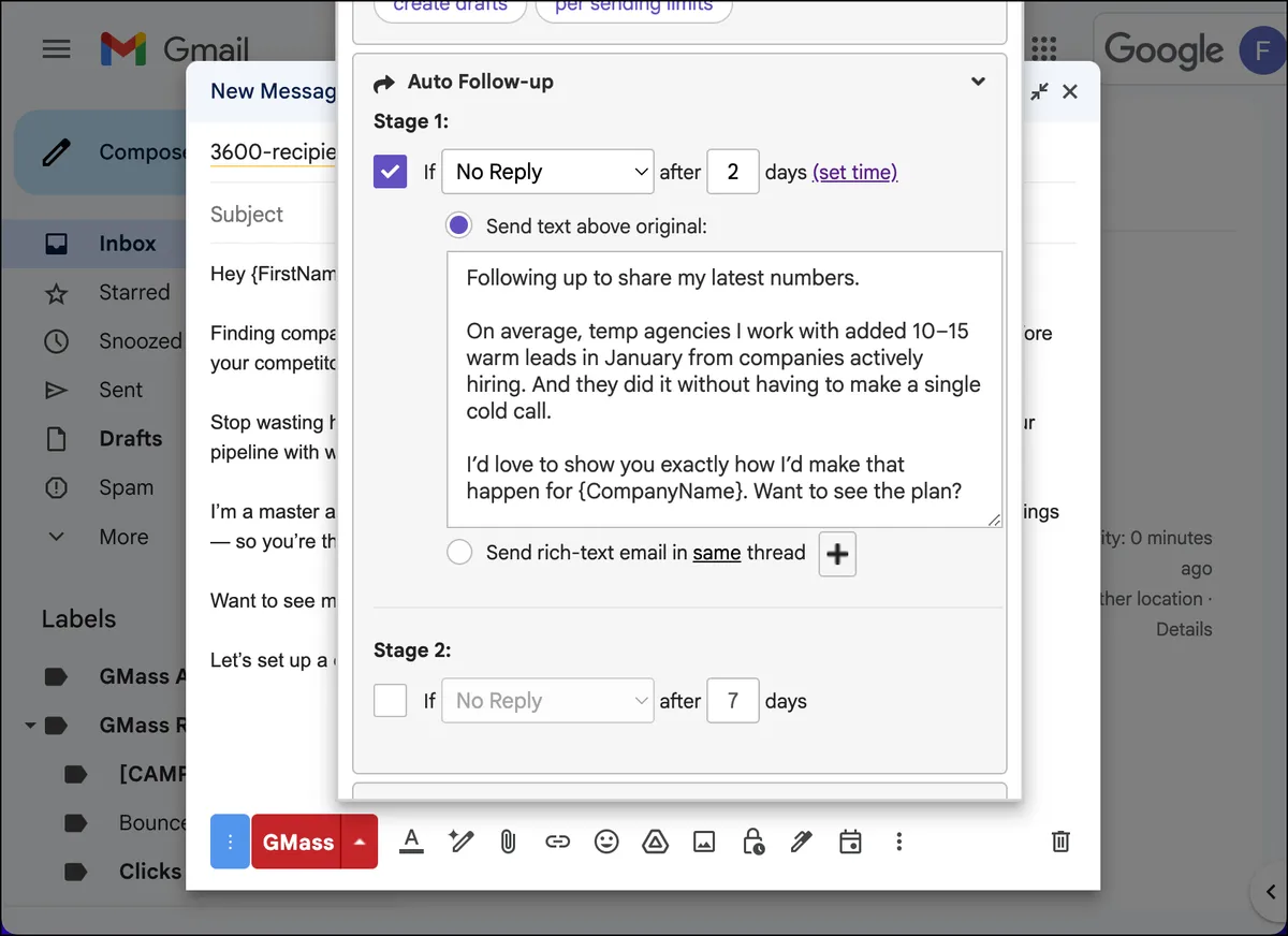 Entering a plain text auto follow-up in GMass