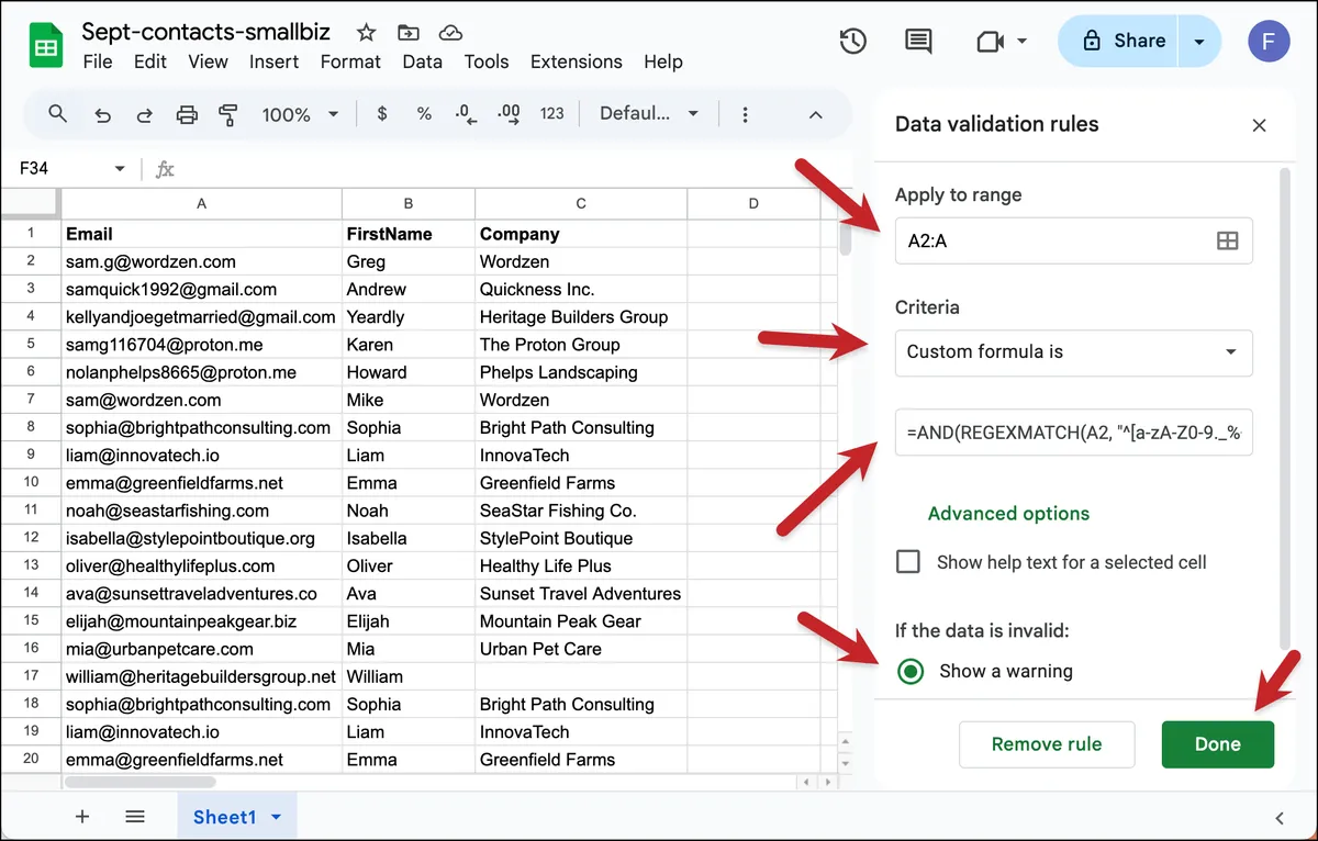 Setting up your data validation formula