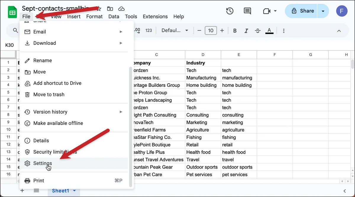 Google Sheet settings