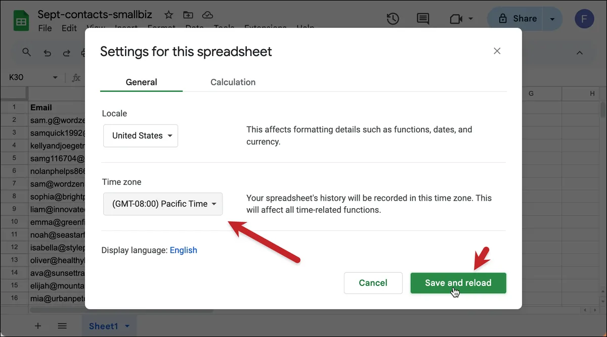 Set the Google Sheet time zone
