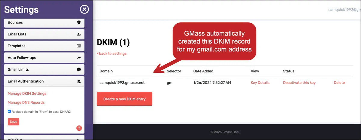 GMass automatically creates a DKIM record