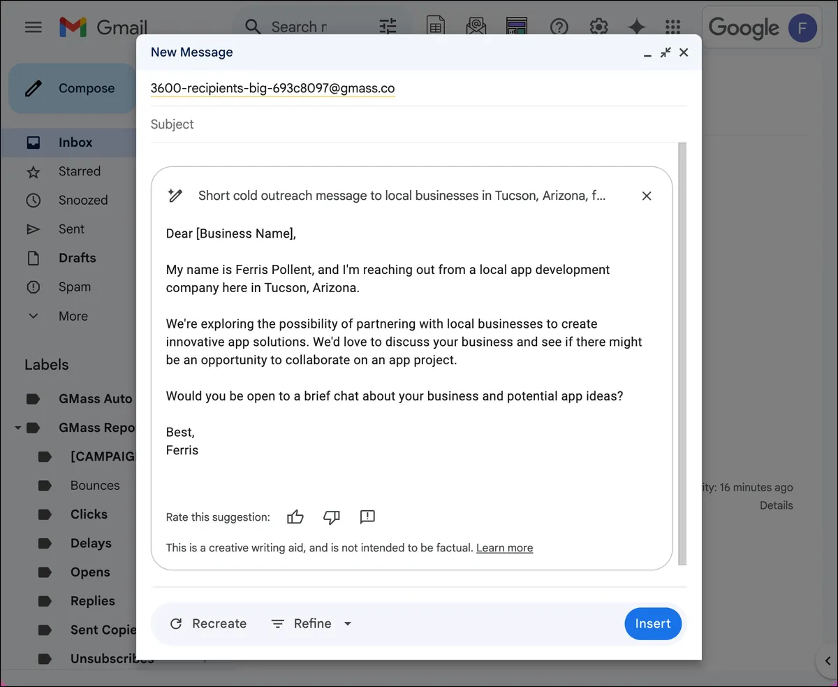Gemini's outputted email copy