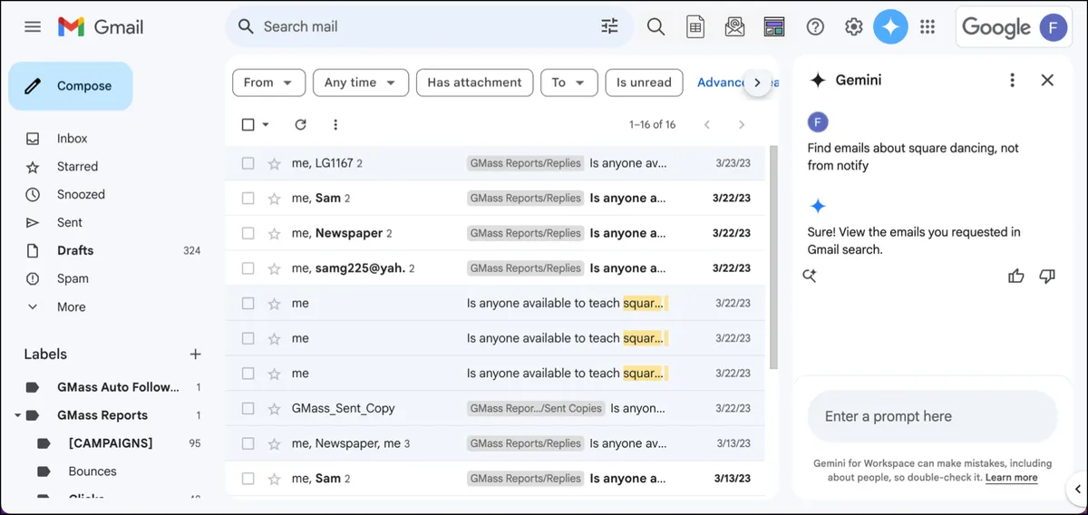 Running a Gmail search in Gemini