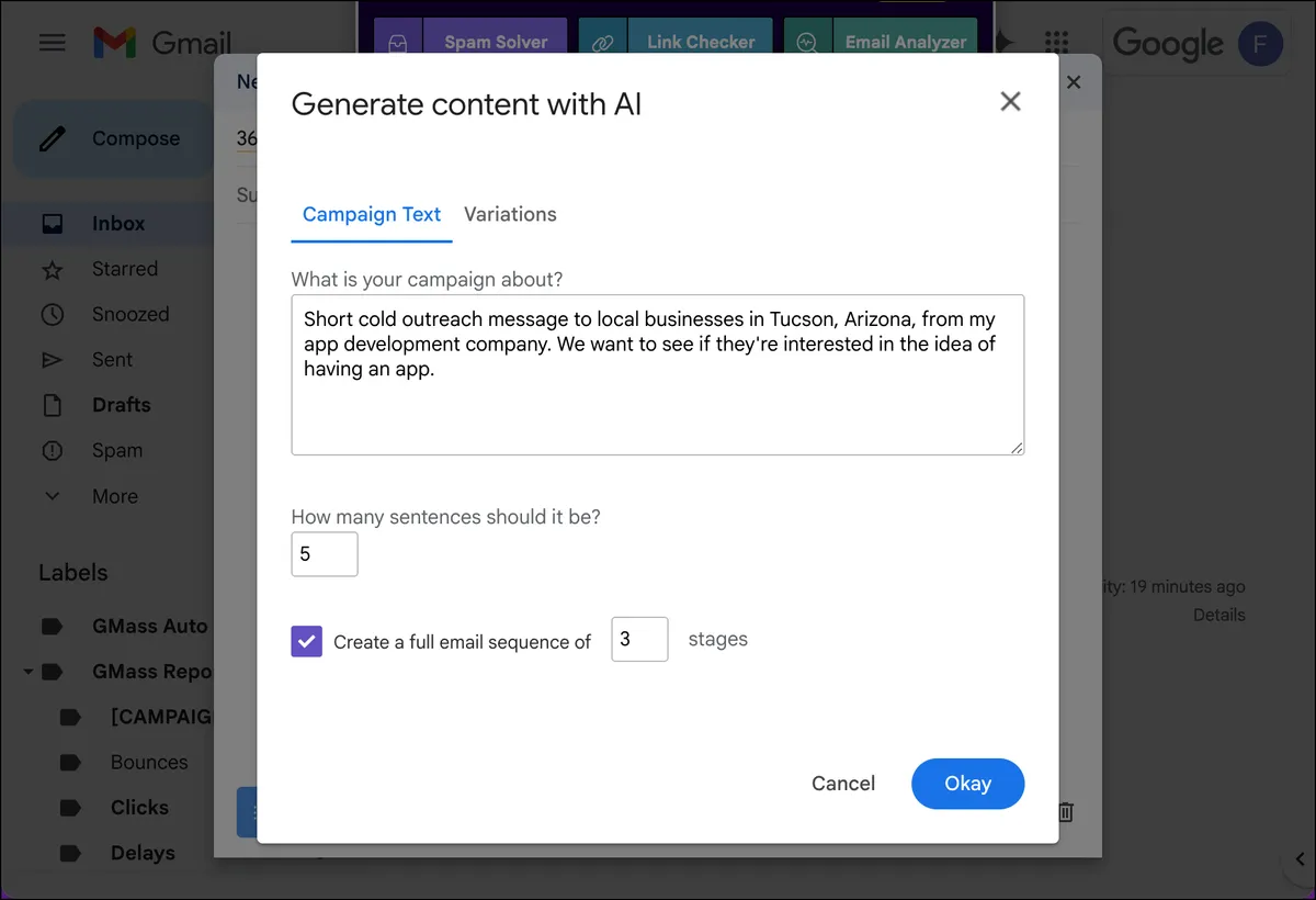 GMass's built-in AI writer and campaign builder