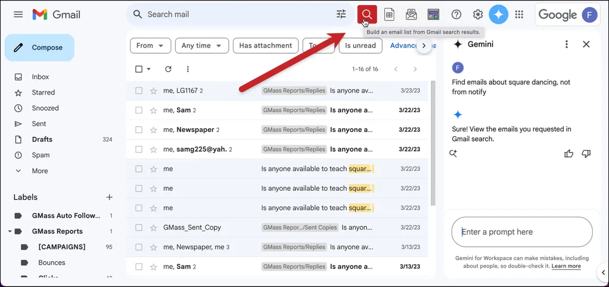 Building a new list using a Gmail search