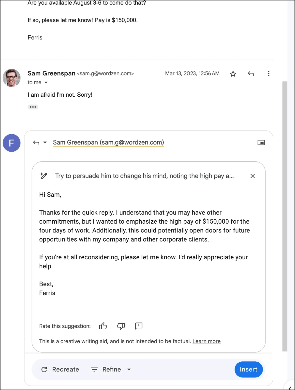 Gemini's generated reply