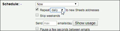 Showing close-up of the GMass Settings window around the Scheduling functions.