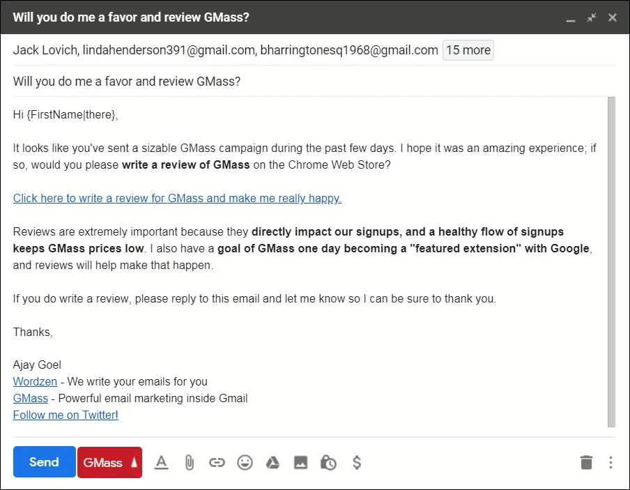 Outgoing review request for a software application (in this case, GMass)