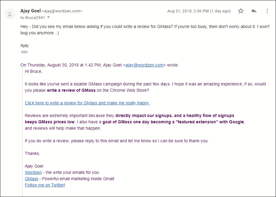 Showing what the automatic follow-up email will look like.