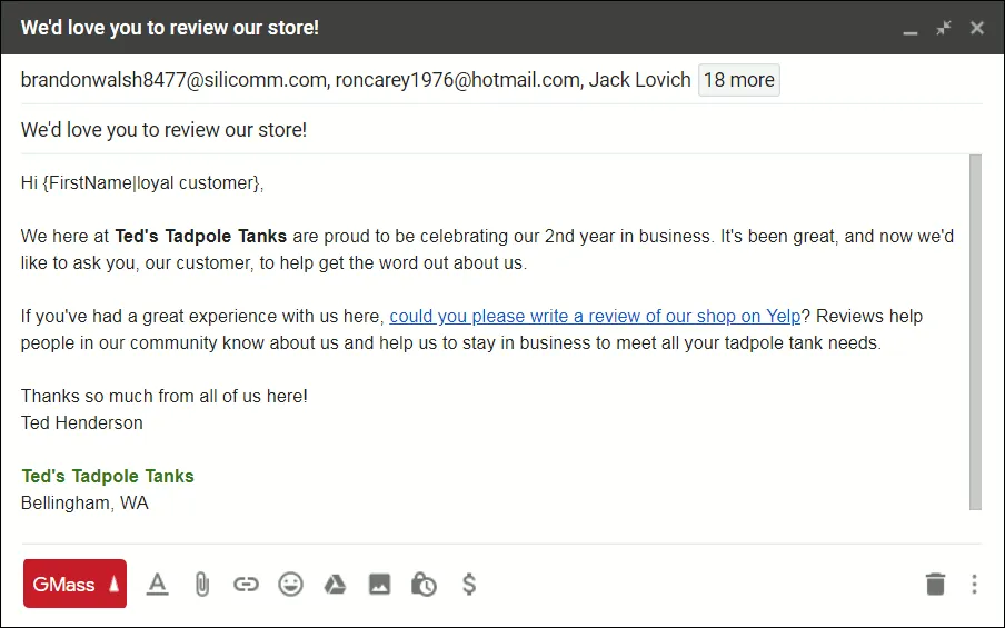 Example of an outgoing email requesting reviews for a brick and mortar shop.