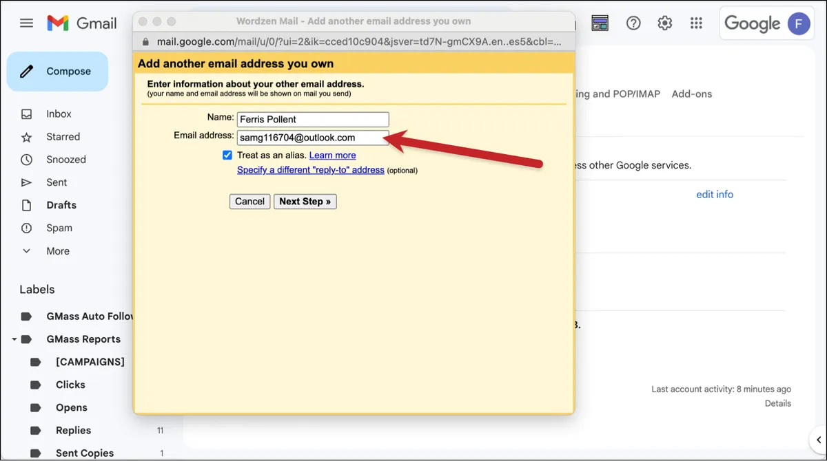 Enter the address you want to make a Gmail alias