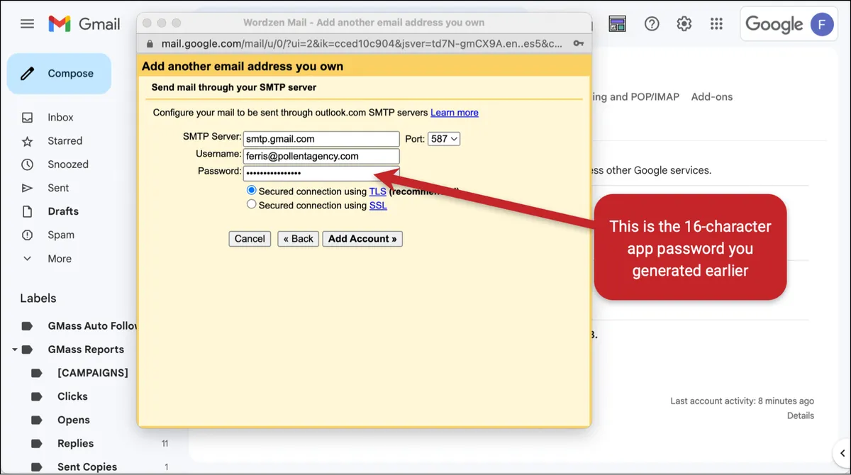Enter specific info for the SMTP server