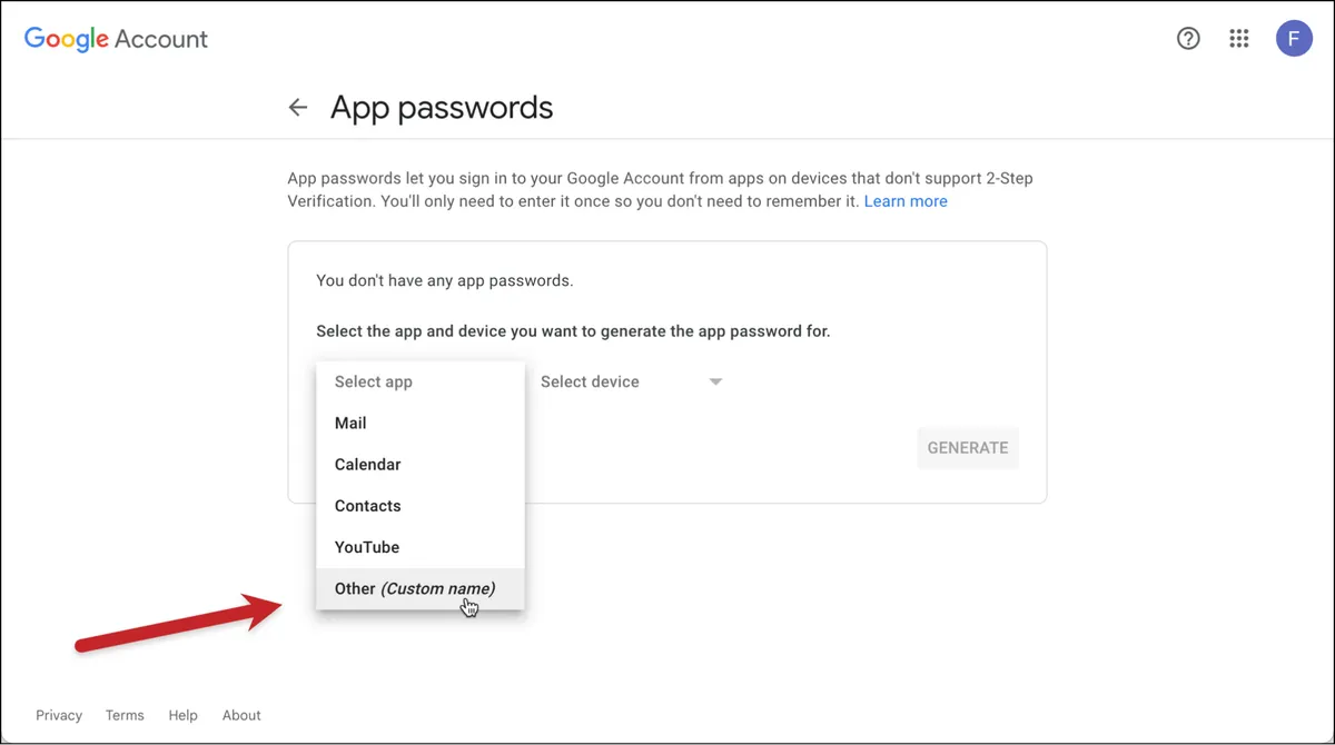 Select Other (custom name) for the app