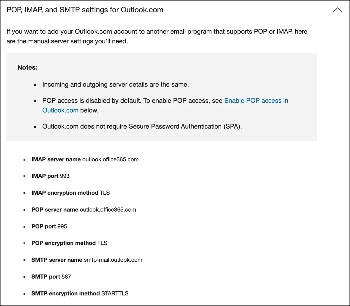 IMAP settings for an Outlook account