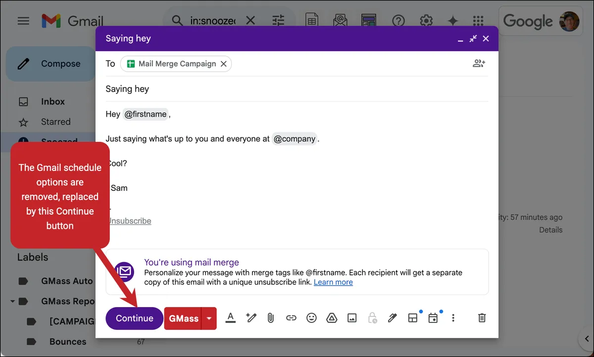 No scheduling in Gmail's native mail merge tool