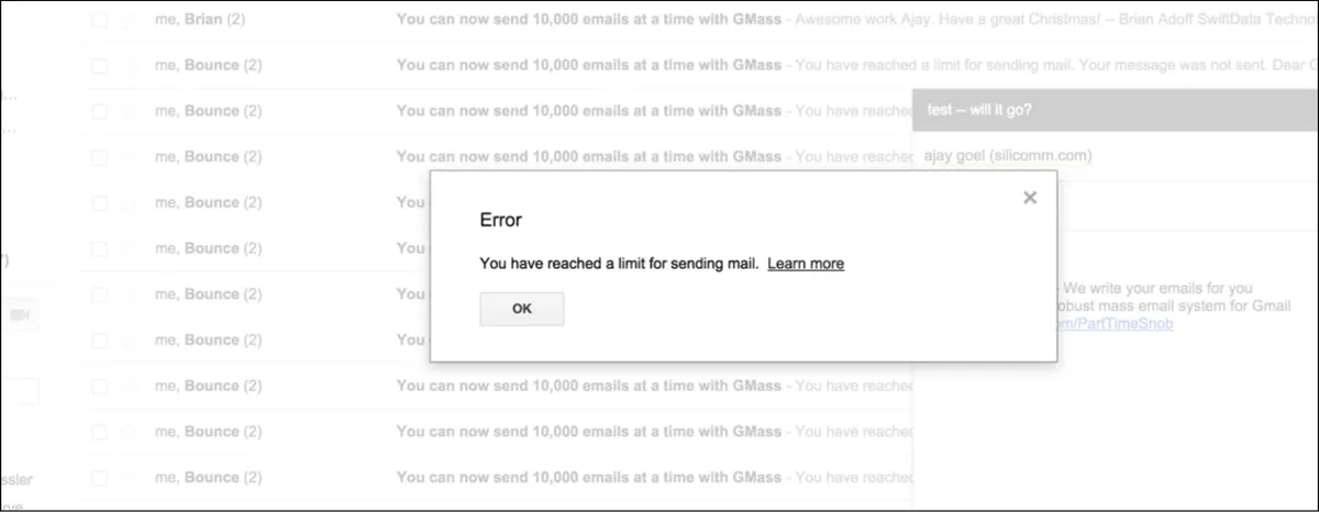 The Gmail popup when you reach your limit