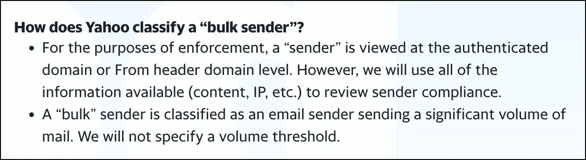 Yahoo's bulk sender definition