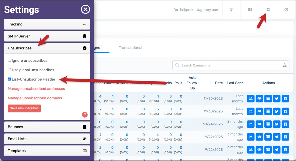 Enabling the list-unsubscribe header in the GMass dashboard