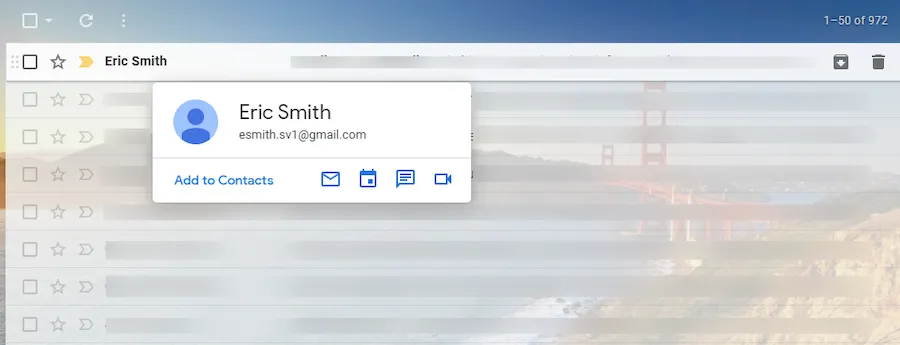 Gmail interface showing a sender's contact information