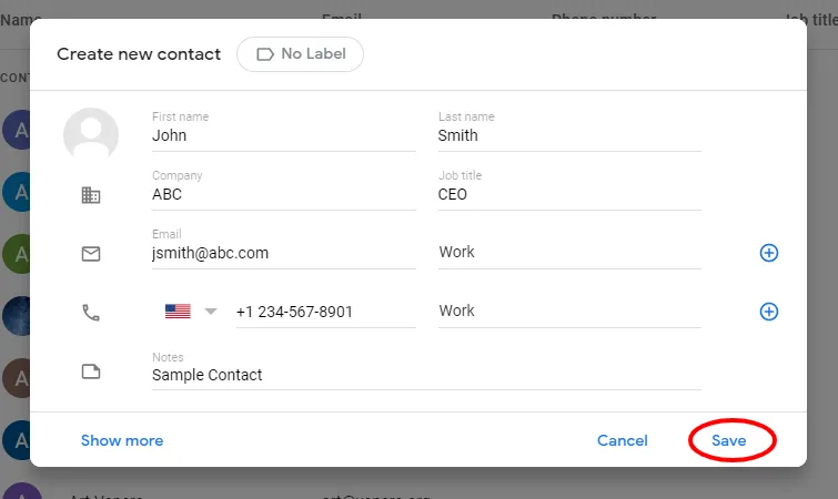 Google Contacts interface showing the Save icon for a new contact