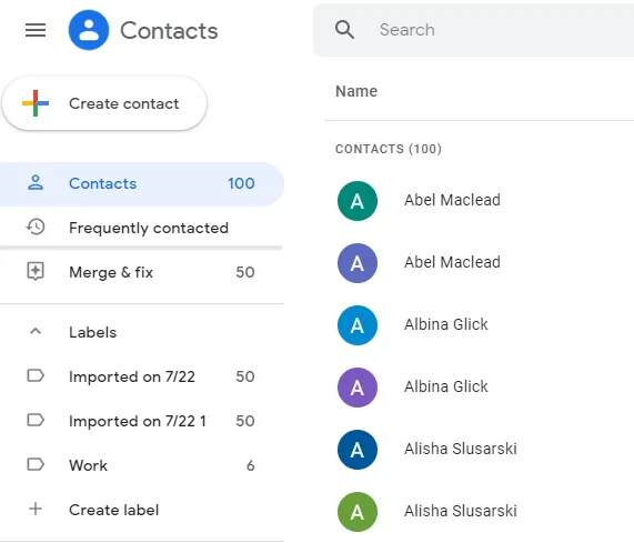 Google Contacts interface showing the Contact list
