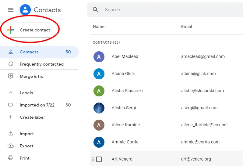 Google Contacts interface showing the Create Contact button