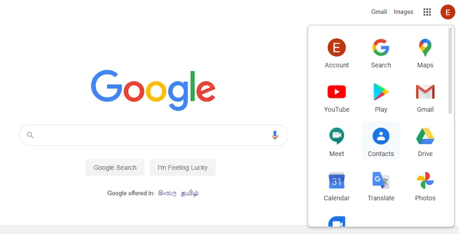 Google homepage showing the Google Apps drop-down menu
