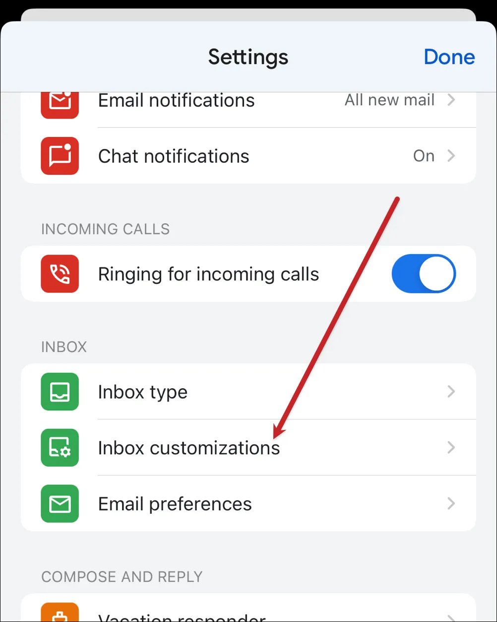 On iOS go to inbox customizations