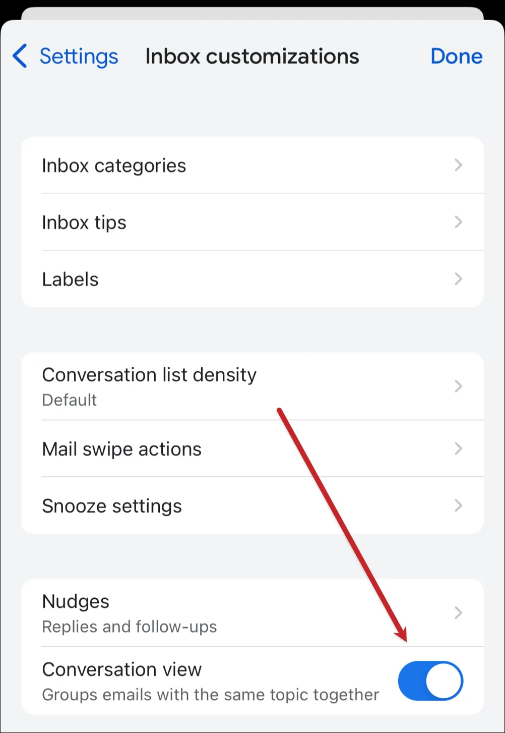 Tap the toggle to turn off conversation view