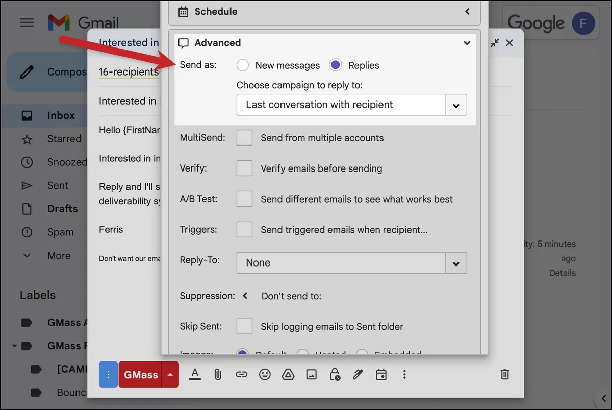 GMass's innovative send as replies feature