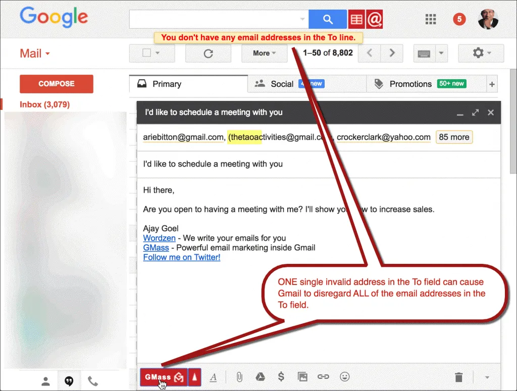 Gmail Draft thinks To field is blank if invalid characters present in address