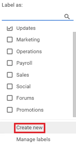 Create new label dialog box