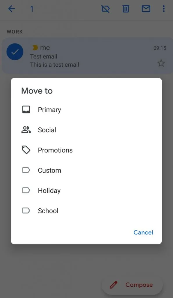 Select folder to which you will move the email