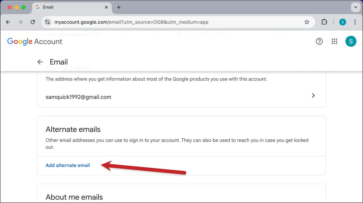 Add an alternate email to do a Gmail login another account move