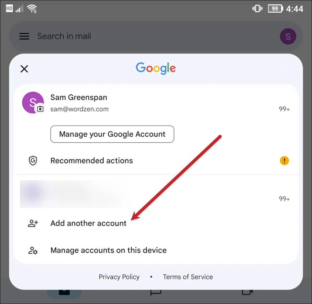 Add another account in the Android Gmail app