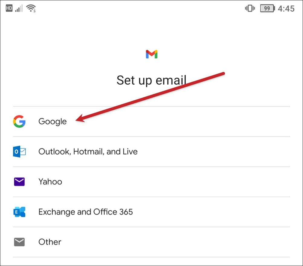 Choose Google to add a Google account